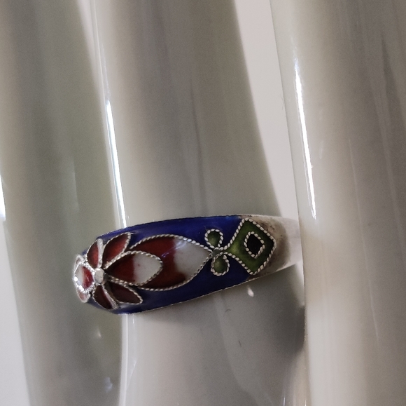 Vintage Chinese Export Cloisonne Sterling Silver Adjustable Ring - Picture 12 of 12